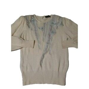 Vintage Sweater Womens Size L 1970s Embroidered Beaded Cream 70s Angora - Wool